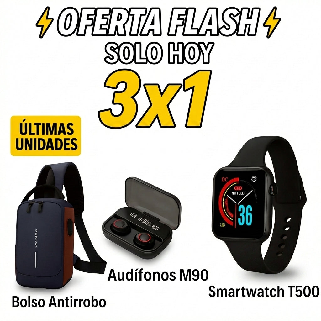 ⌚🎧💼 Combo Smartwatch T500 + Audífonos Bluetooth + Canguro Deportivo